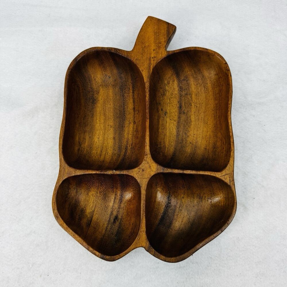Vintage MCM Monkeypod Wood 4 Section Divided Serving Tray Dish Hand Carved Leaf
